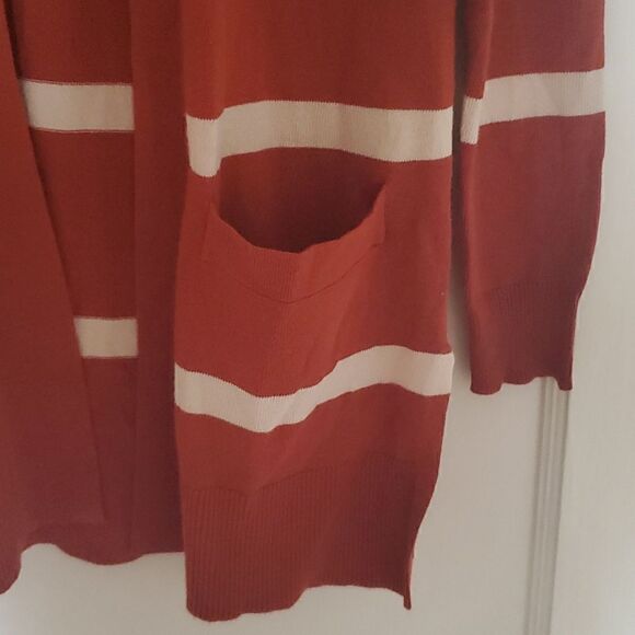 Love Ellie by Stitch Fix Neely Two Pocket Open Front Striped Cardigan Cognac XS - Picture 2 of 9